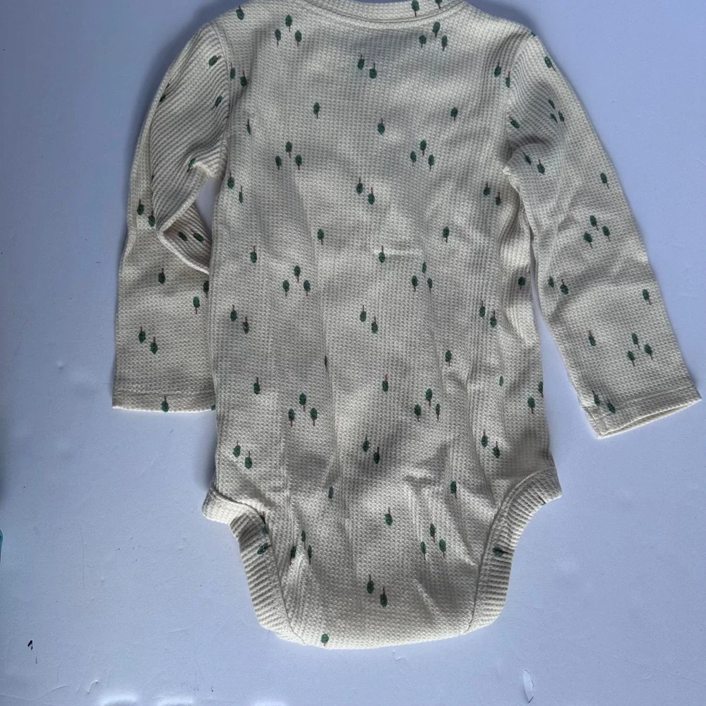 Carter's 12M Baby Outfit Waffle Knit Set Cream Green‎ Tree Print Pants Top